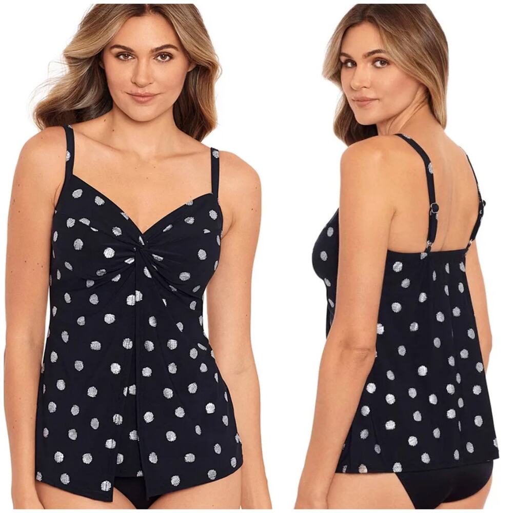 Miraclesuit NWT Pizzelles Love Knot Underwire Tankini Top Size 16 Black White